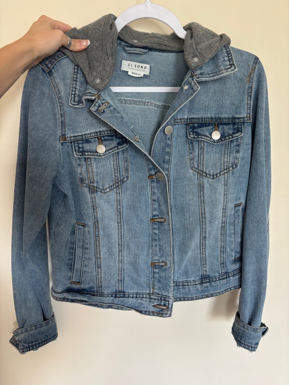 Ci Sono Light Blue Denim Jacket with Gray Attached Hood